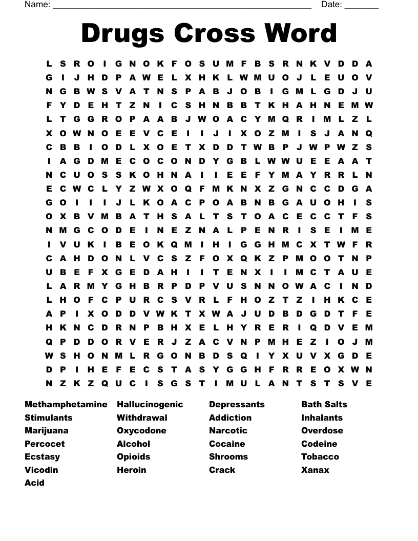 Drugs Cross Word Word Search