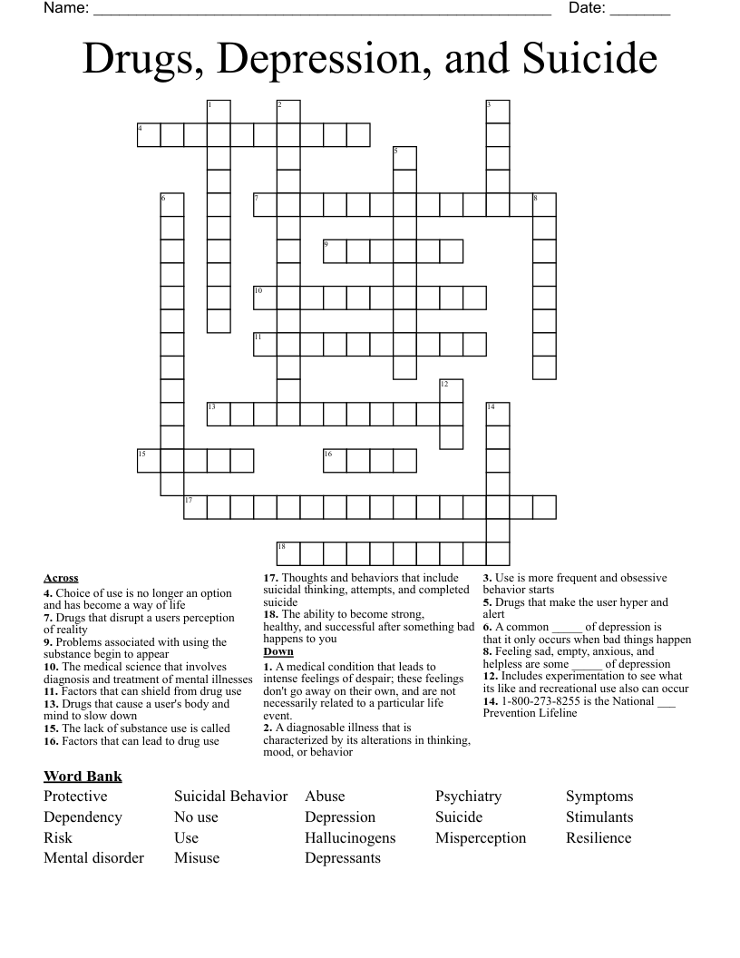 Drugs, Depression,  and Suicide Crossword