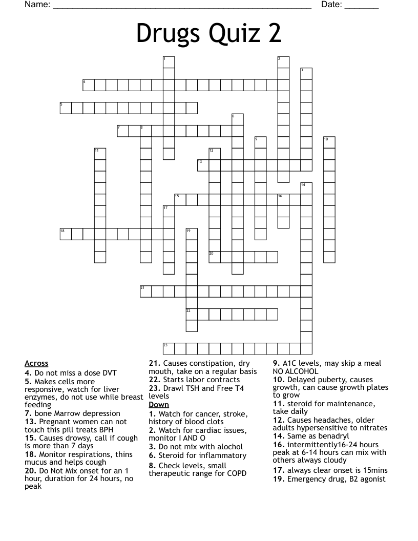 Drugs Quiz 2 Crossword