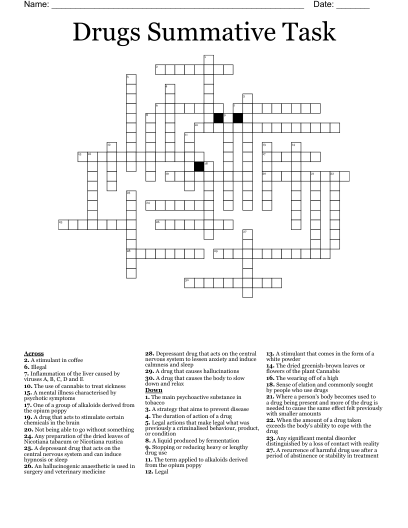 Drugs Summative Task Crossword