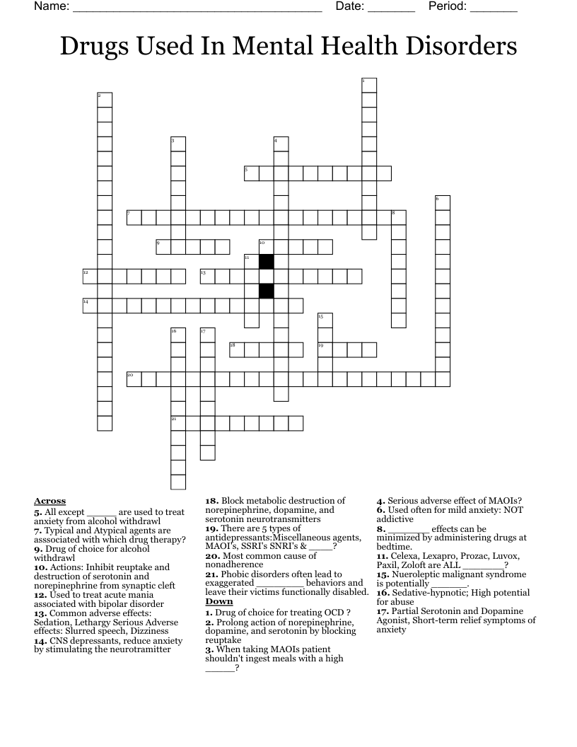 Drugs Used In Mental Health Disorders Crossword