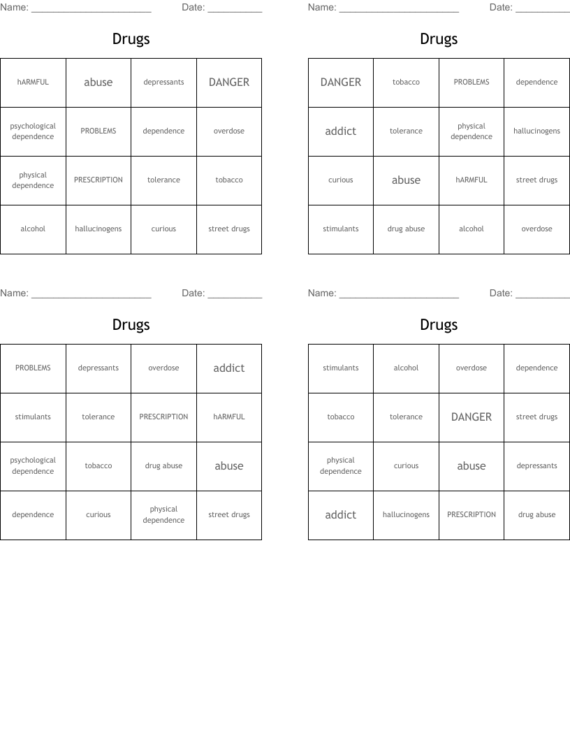 Drugs  Bingo Cards