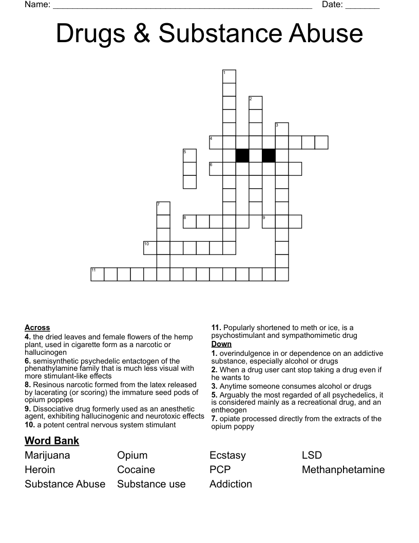 Drugs & Substance Abuse Crossword