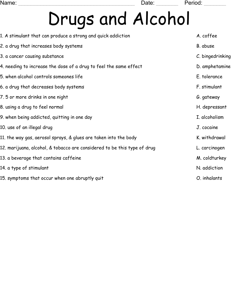 Drugs and Alcohol Worksheet