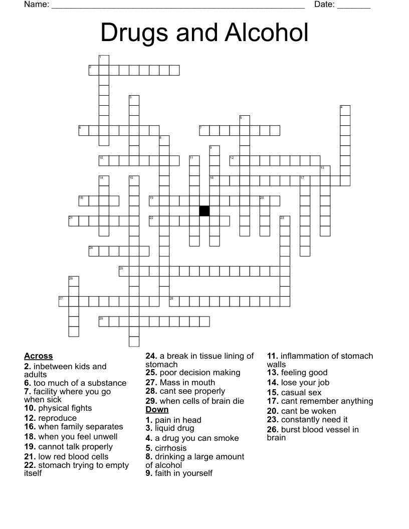 Drugs and Alcohol Crossword