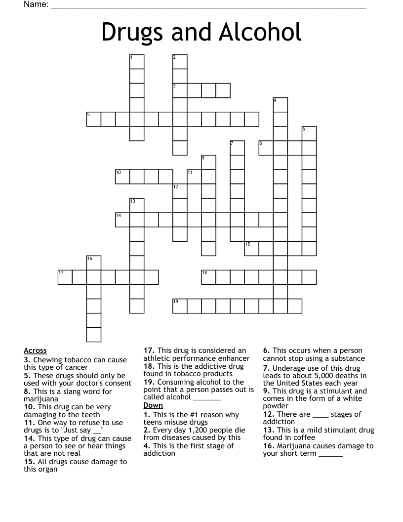 Drugs and Alcohol Crossword