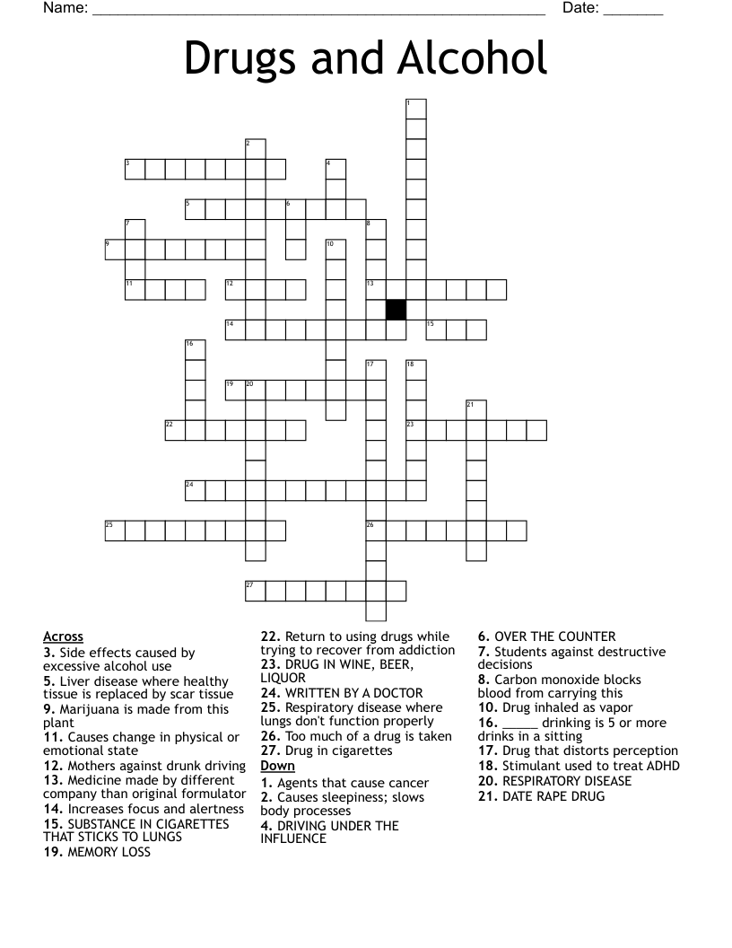 Drugs and Alcohol Crossword
