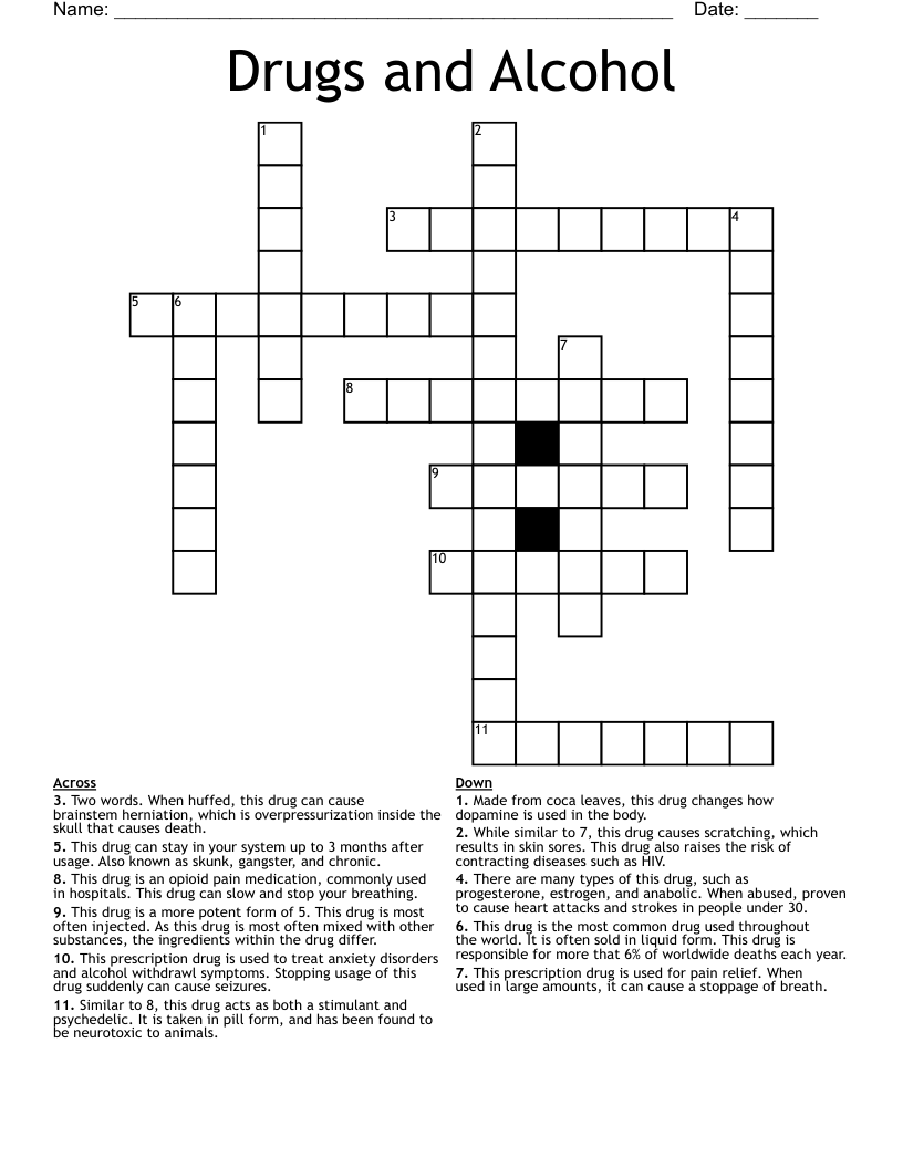 Drugs and Alcohol Crossword