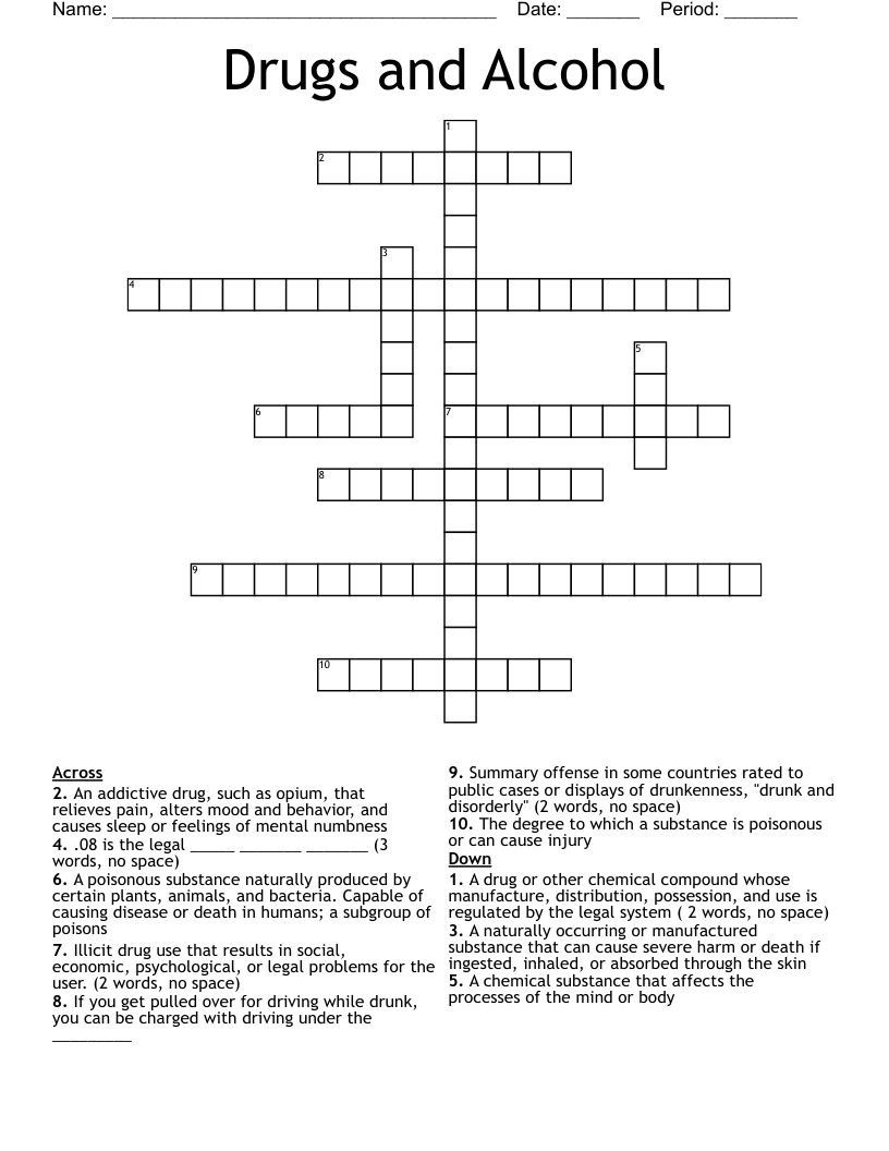 Drugs and Alcohol Crossword
