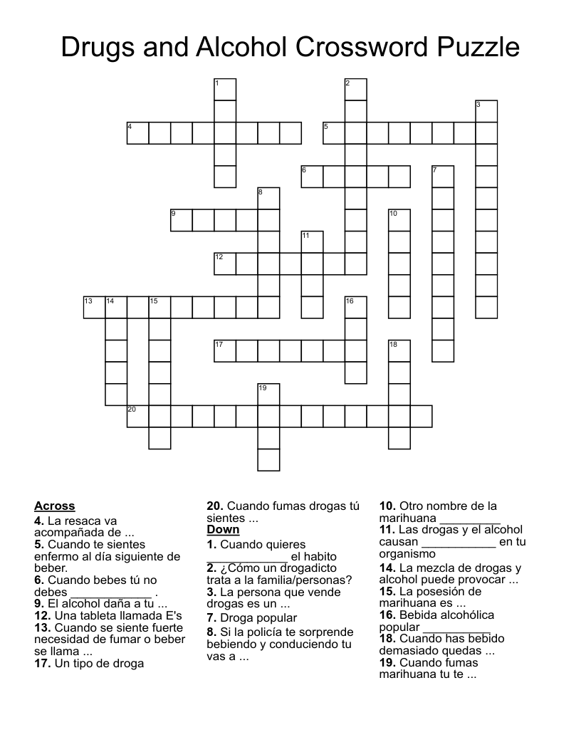 Drugs and Alcohol Crossword Puzzle