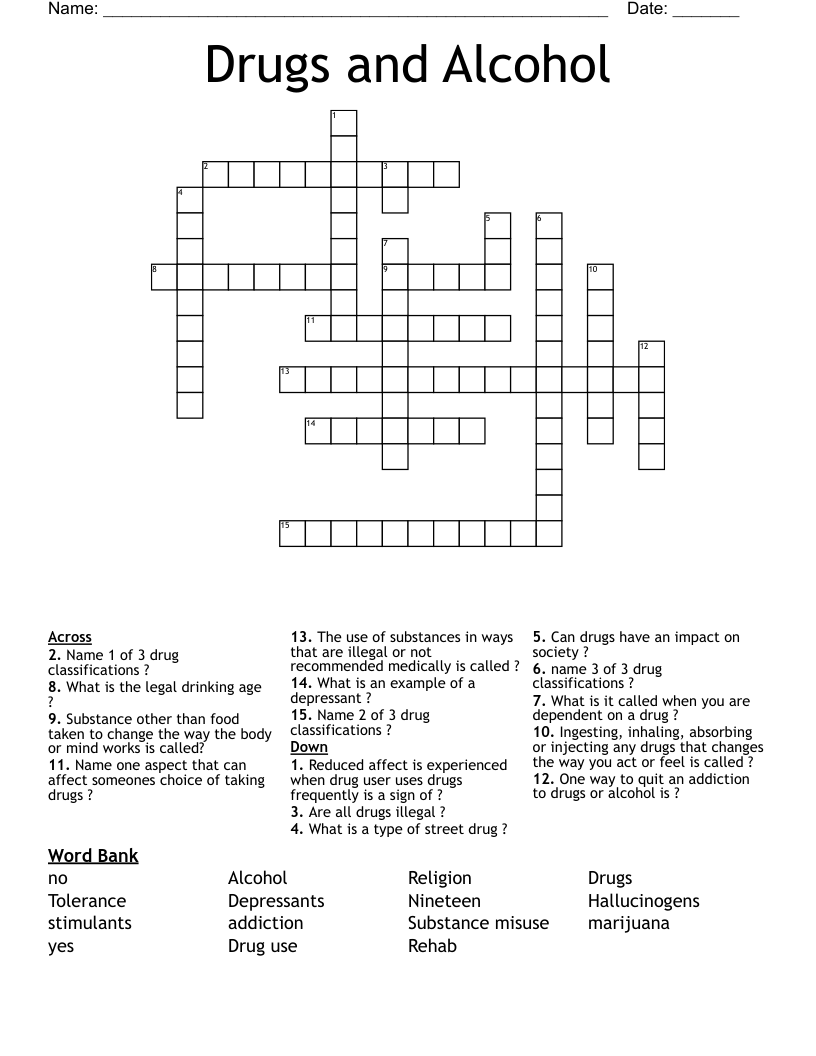 Drugs and Alcohol  Crossword