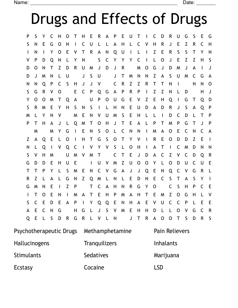 Drugs and Effects of Drugs Word Search