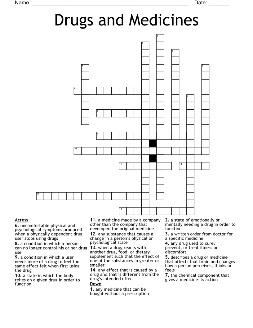 Drugs and Medicines Crossword