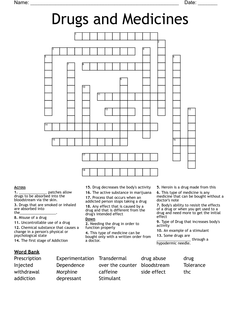 Drugs and Medicines Crossword