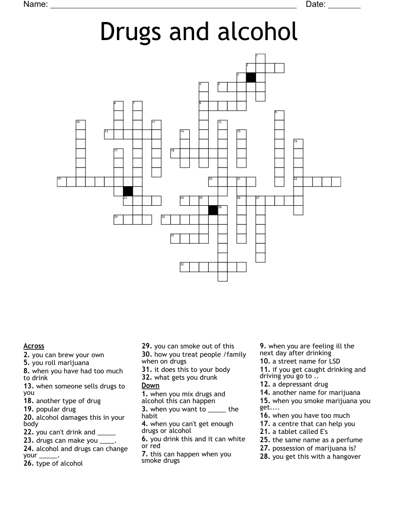 Drugs and alcohol Crossword