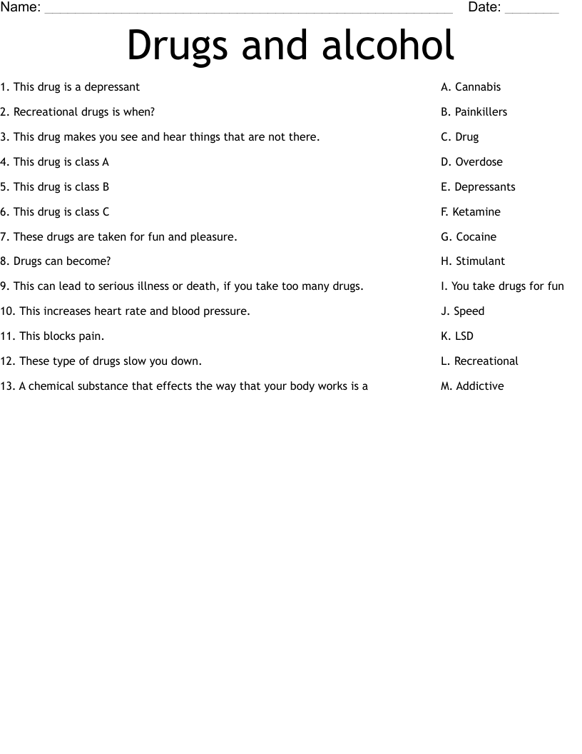 Drugs and alcohol Worksheet