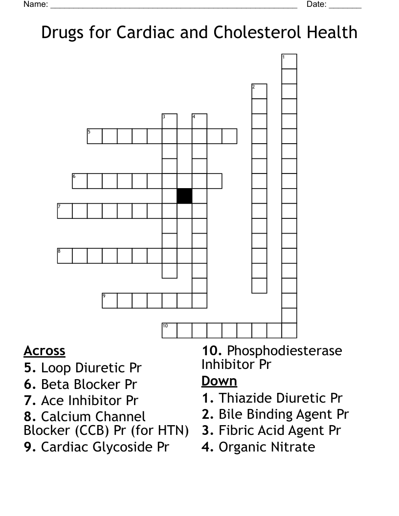 Drugs for Cardiac and Cholesterol Health Crossword