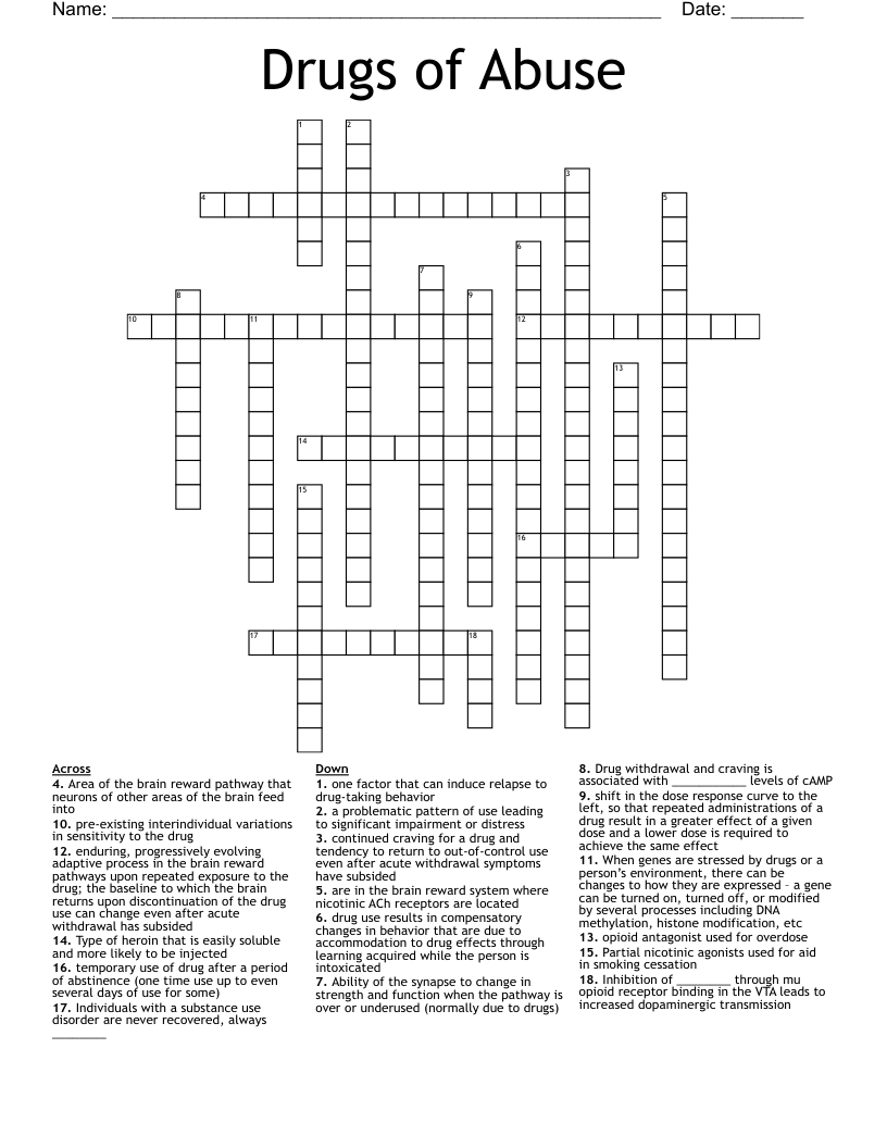 Drugs of Abuse Crossword