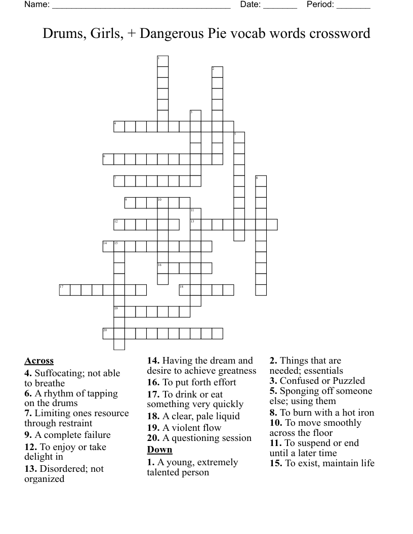 Drums, Girls, + Dangerous Pie vocab words crossword