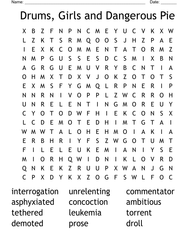 Drums, Girls and Dangerous Pie Word Search