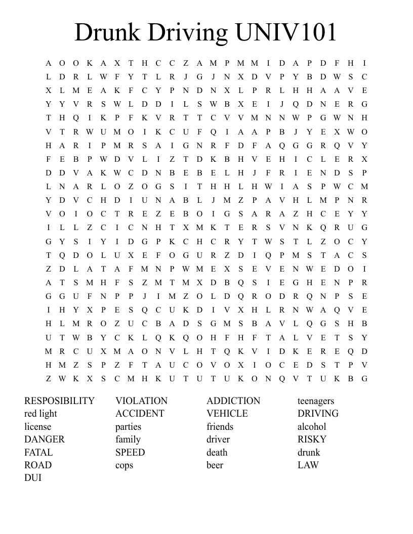 Drunk Driving  UNIV101 Word Search