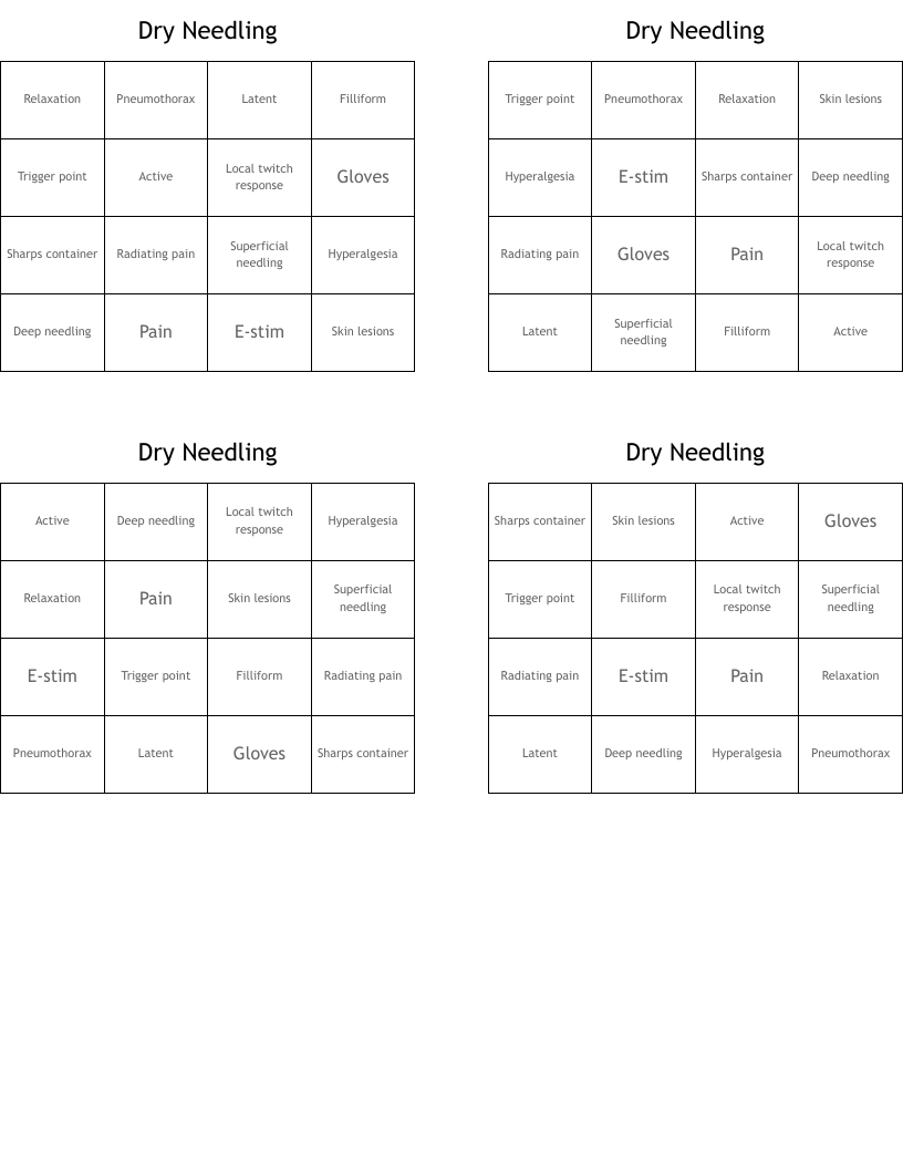 Dry Needling Bingo Cards
