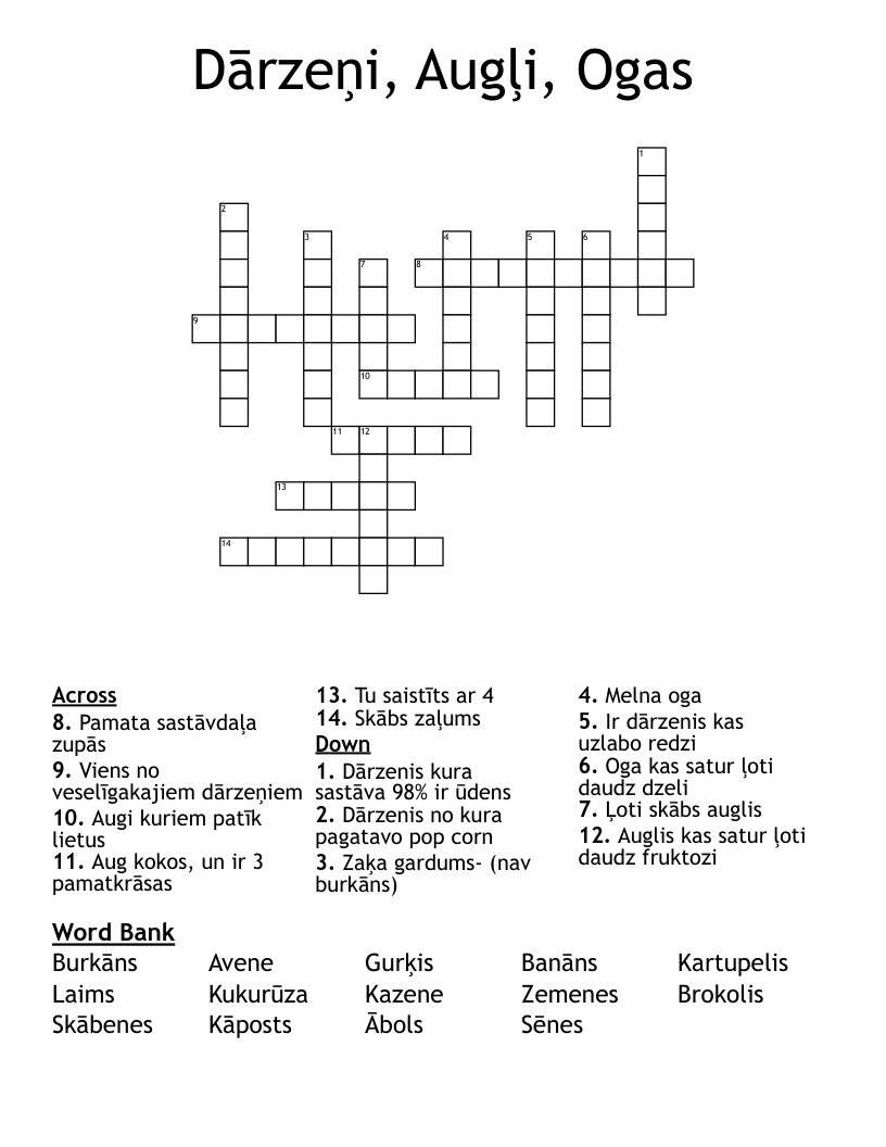 Dārzeņi, Augļi, Ogas Crossword