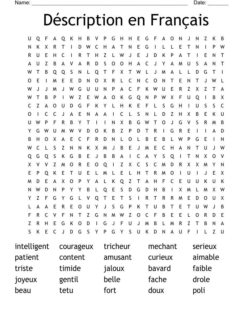 Déscription en Français Word Search