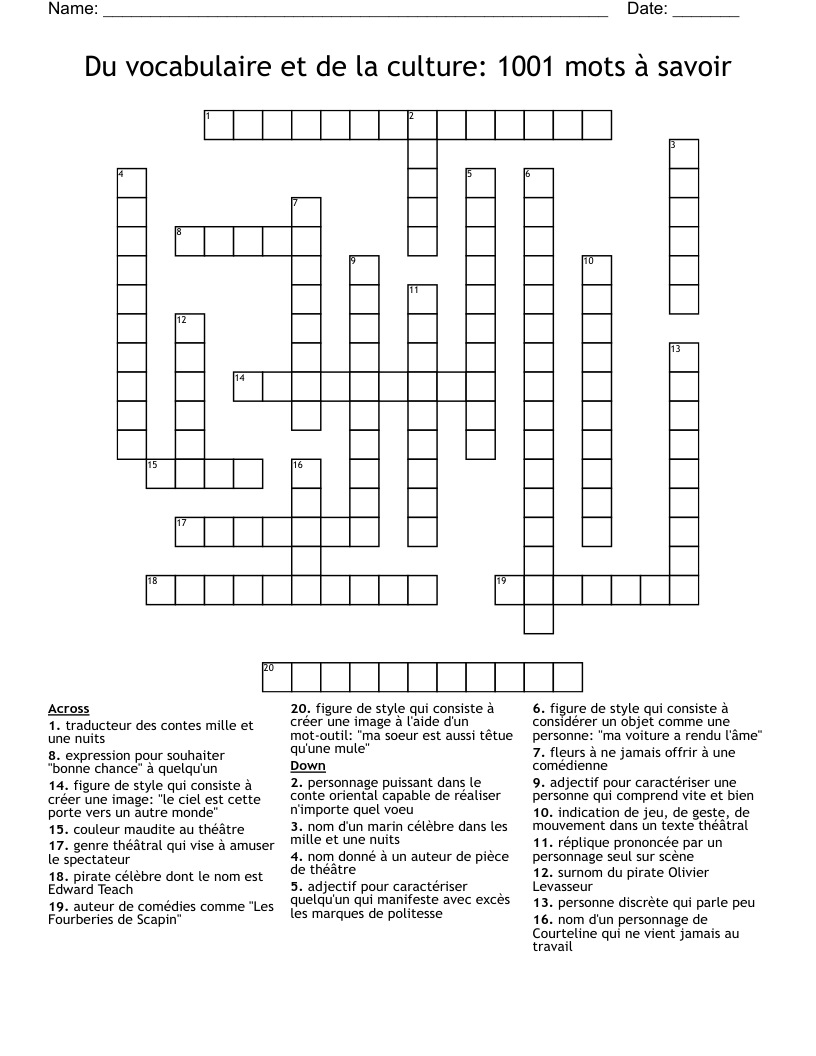 Du vocabulaire et de la culture: 1001 mots à savoir Crossword