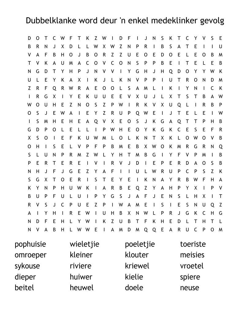 Dubbelklanke word deur 'n enkel medeklinker gevolg Word Search
