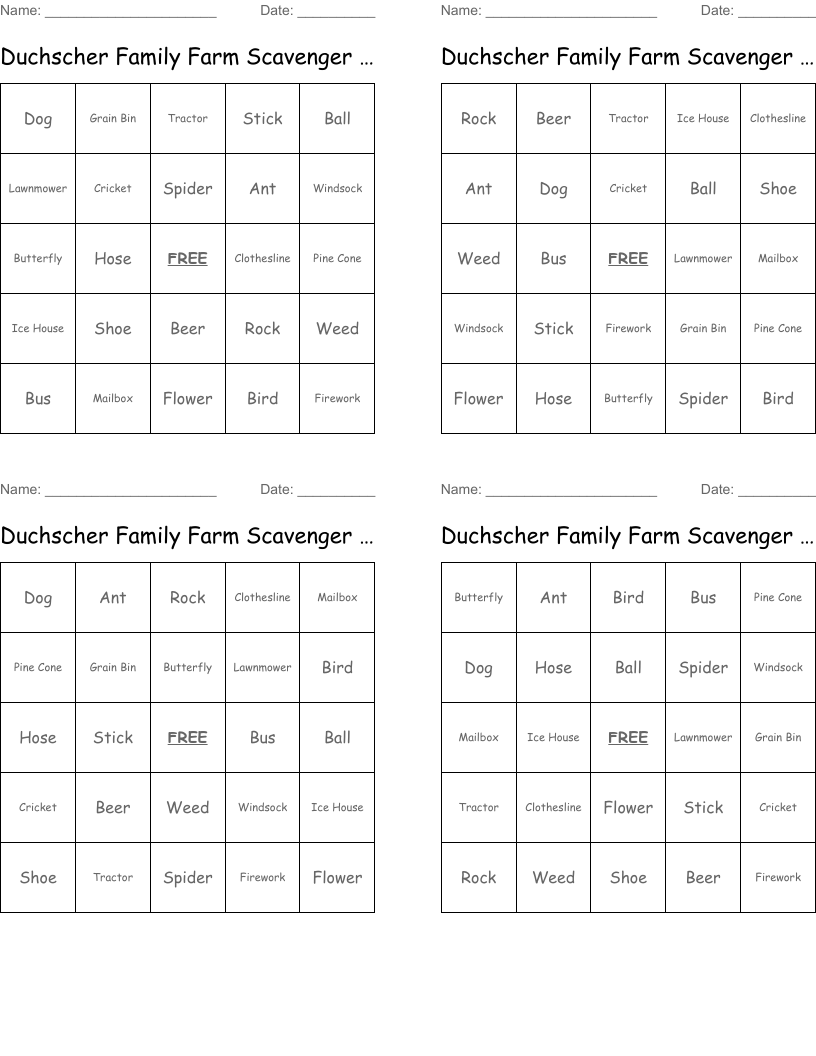 Duchscher Family Farm Scavenger Hunt Bingo Cards