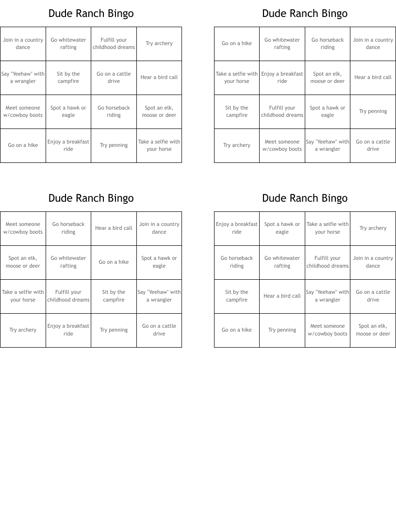 Dude Ranch Bingo