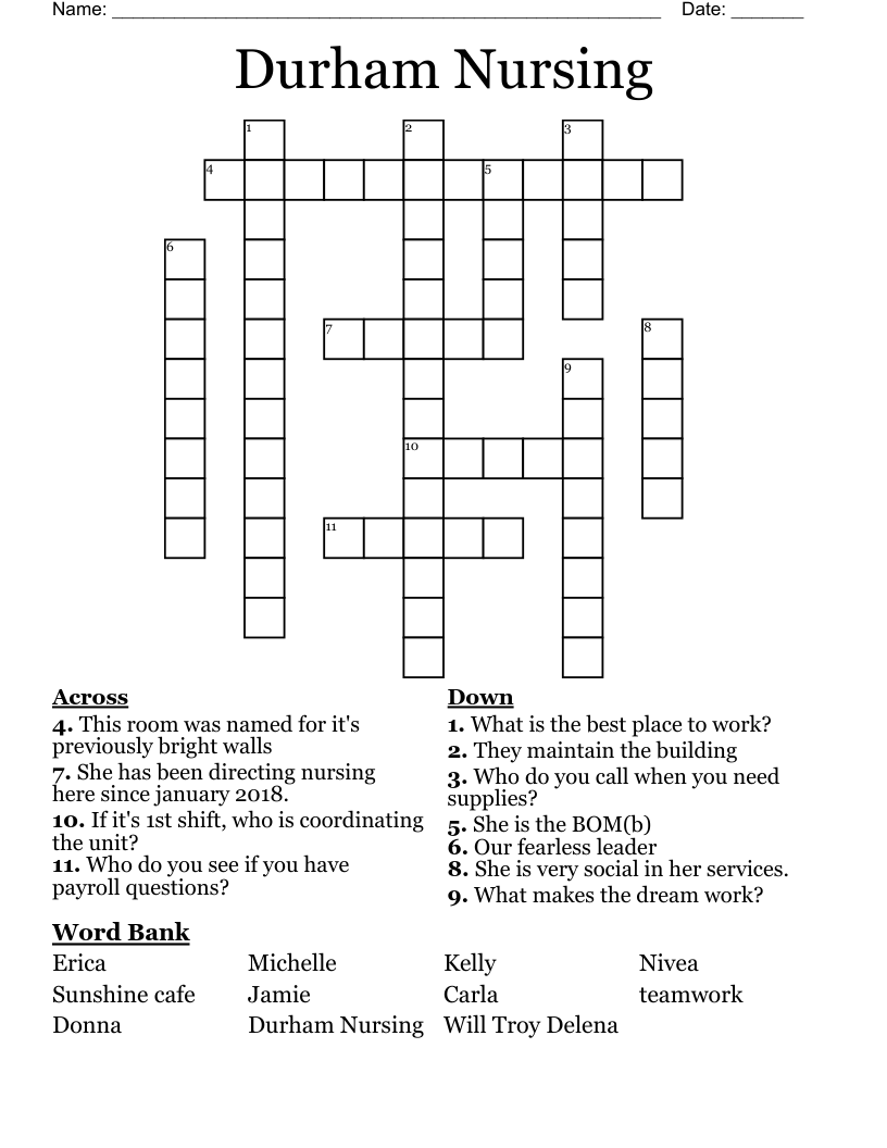 Durham Nursing Crossword