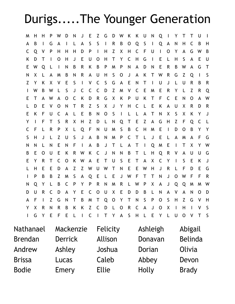 Durigs.....The Younger Generation Word Search