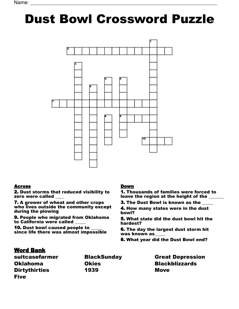 Dust Bowl Crossword Puzzle