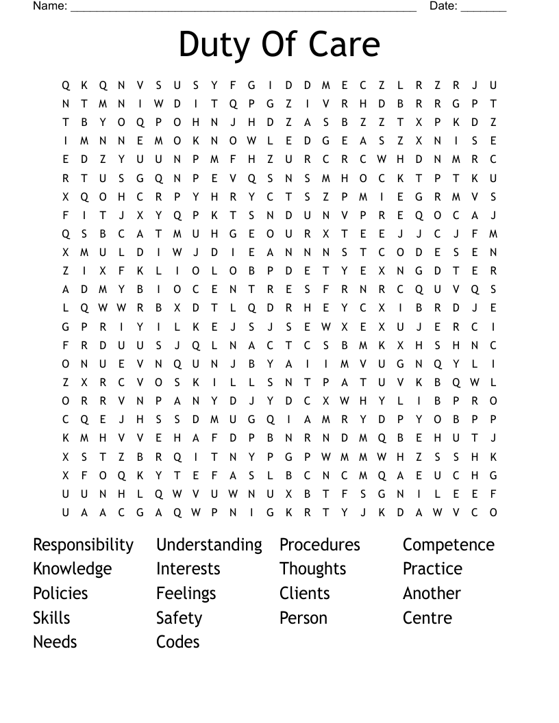 Duty Of Care Word Search