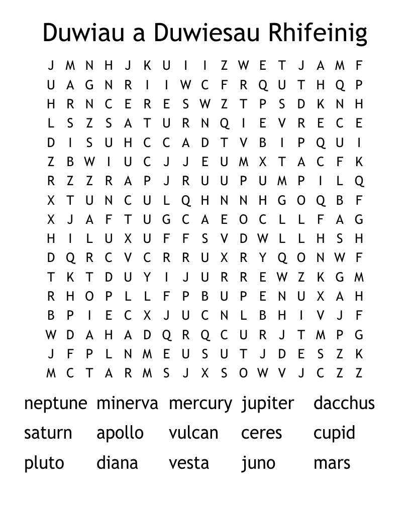 Duwiau a Duwiesau Rhifeinig Word Search