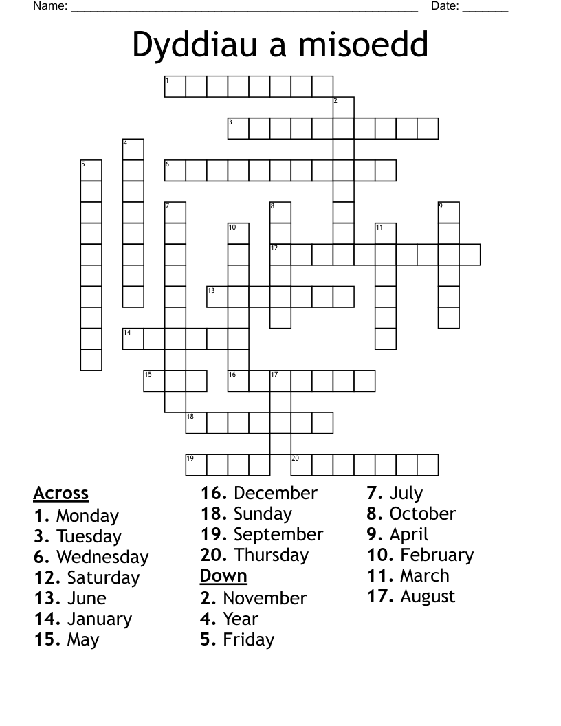 Dyddiau a misoedd Crossword