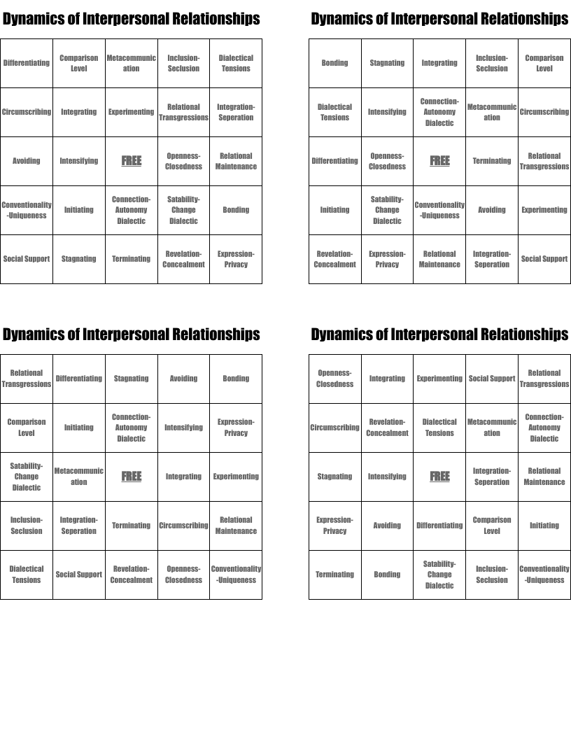Dynamics of Interpersonal Relationships Bingo Cards