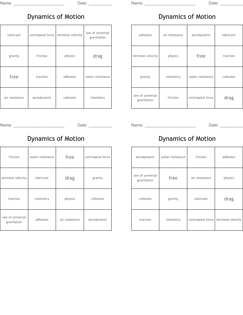 Dynamics of Motion Bingo Cards