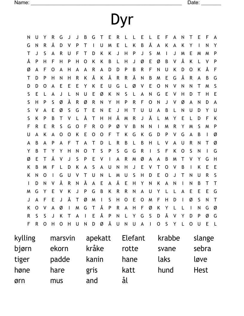 Dyr Word Search