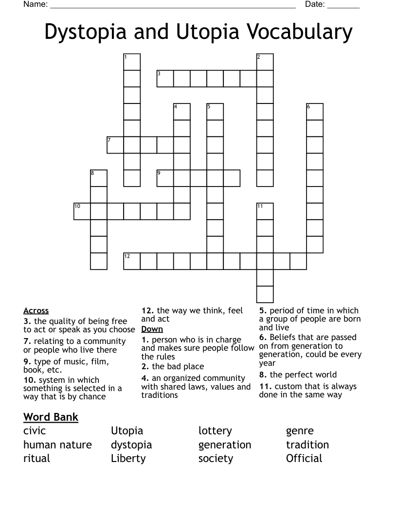 Dystopia and Utopia Vocabulary  Crossword