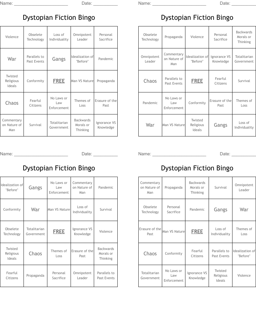 Dystopian Fiction Bingo
