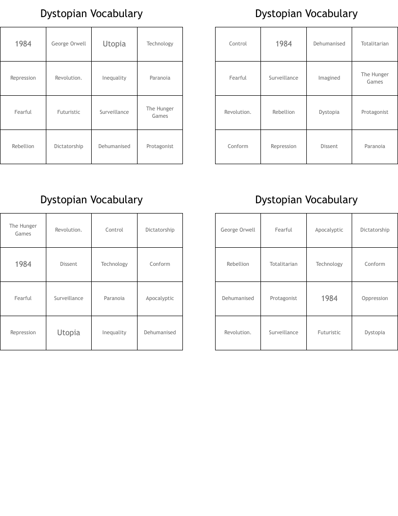 Dystopian Vocabulary Bingo Cards
