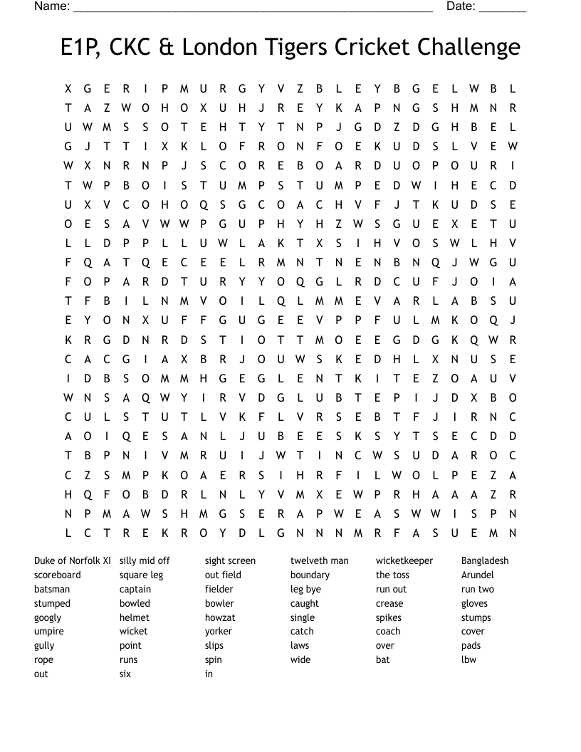 E1P, CKC & London Tigers Cricket Challenge Word Search
