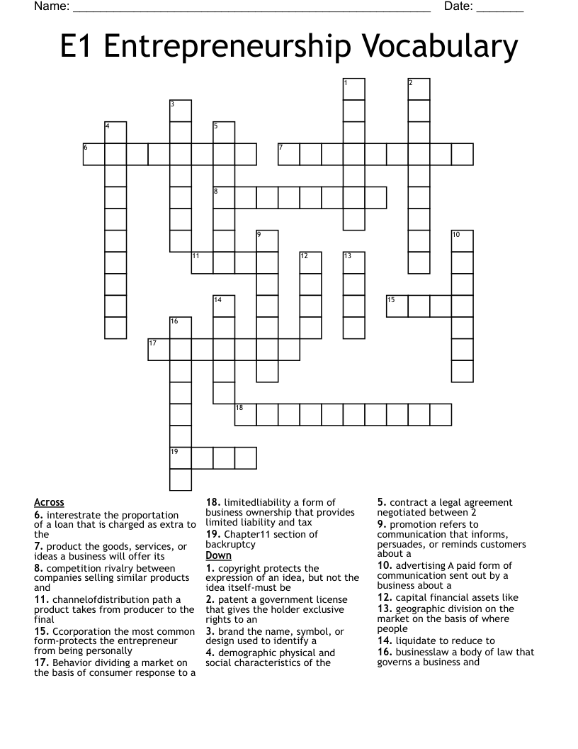 E1 Entrepreneurship Vocabulary Crossword