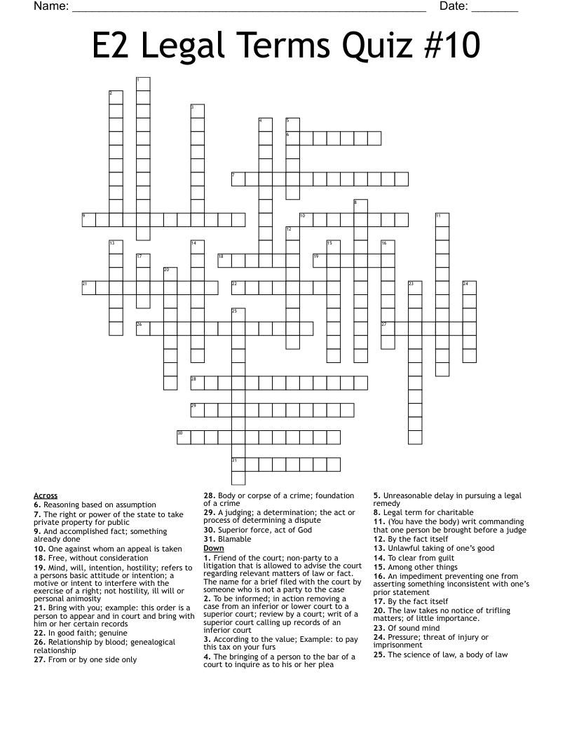 E2 Legal Terms Quiz #10 Crossword