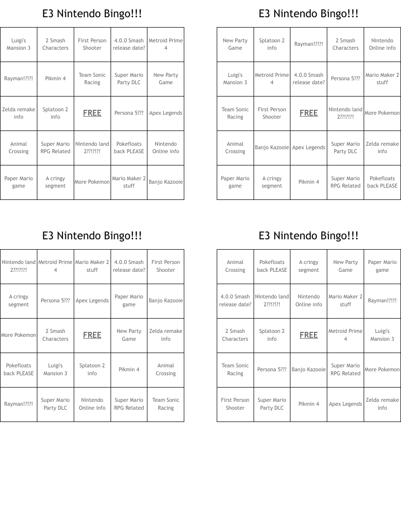 E3 Nintendo Bingo!!!