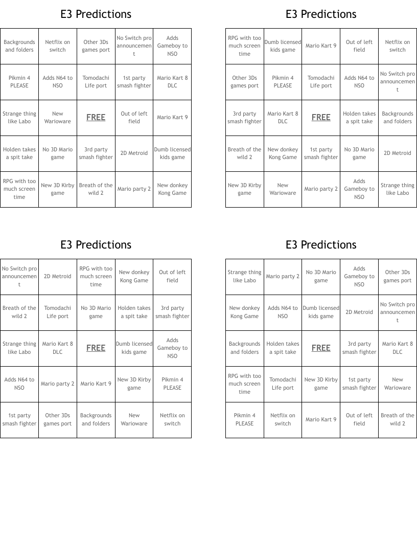 E3 Predictions  Bingo Cards