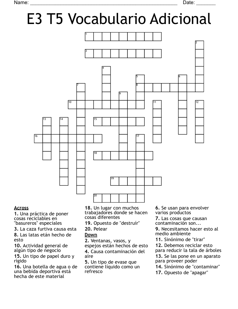 E3 T5 Vocabulario Adicional Crossword